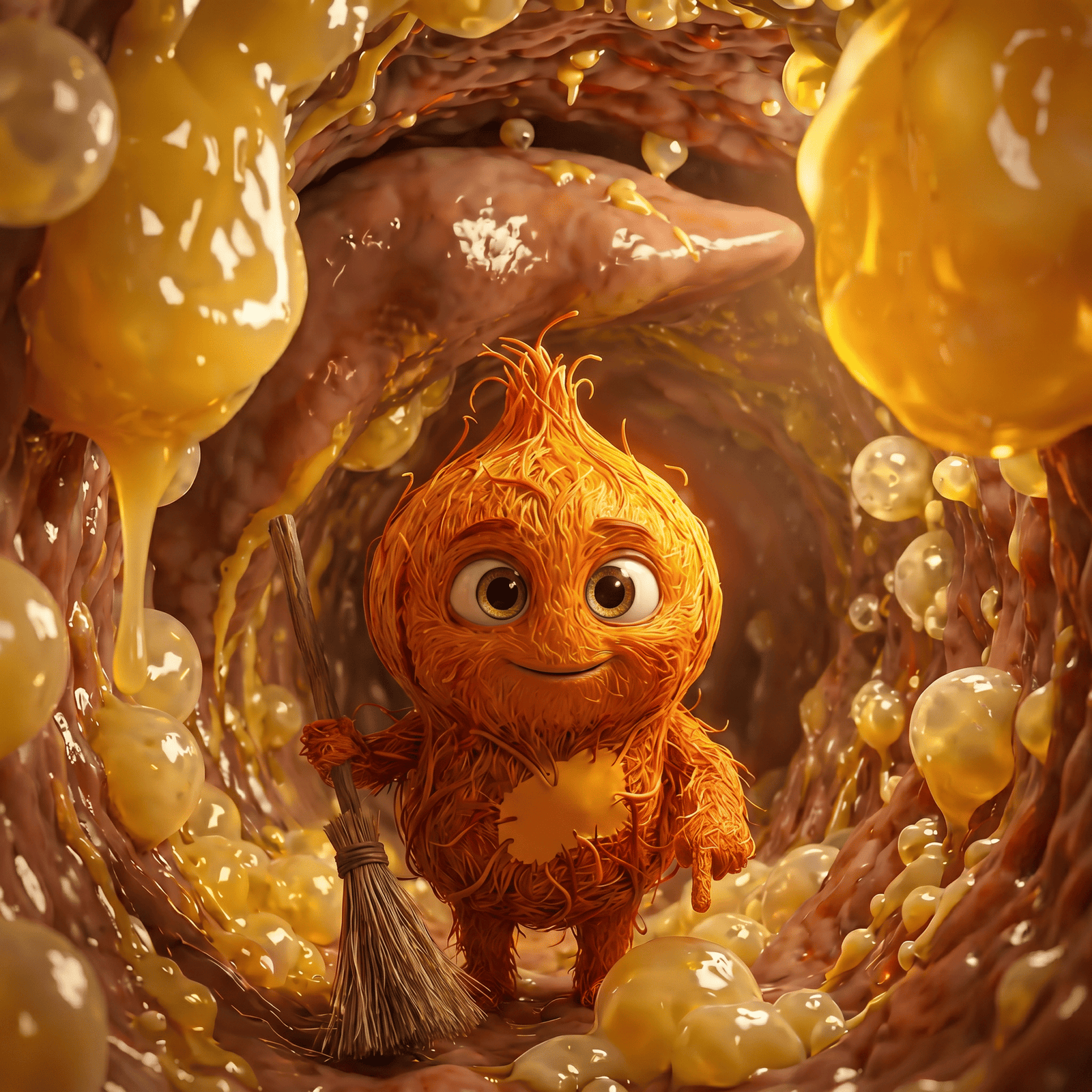 Mascote laranja felpudo e sorridente